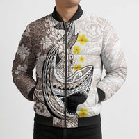 Brown and White Hawaii Shark Tattoo Bomber Puffer Jacket Puakenikeni Lei Plumeria Polynesian Pattern - Polynesian Pride