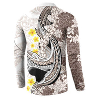 Brown and White Hawaii Shark Tattoo Button Sweatshirt Puakenikeni Lei Plumeria Polynesian Pattern - Polynesian Pride