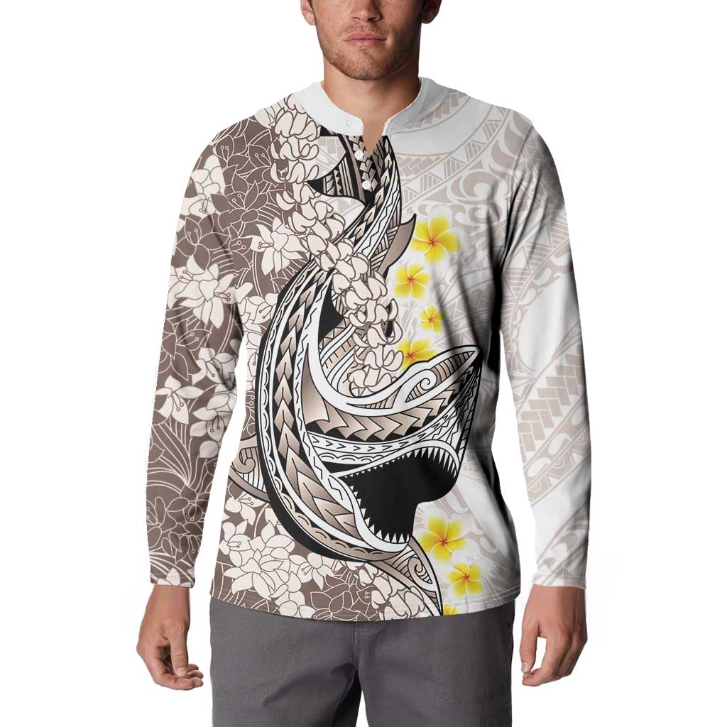 Brown and White Hawaii Shark Tattoo Button Sweatshirt Puakenikeni Lei Plumeria Polynesian Pattern - Polynesian Pride