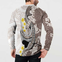Brown and White Hawaii Shark Tattoo Button Sweatshirt Puakenikeni Lei Plumeria Polynesian Pattern - Polynesian Pride