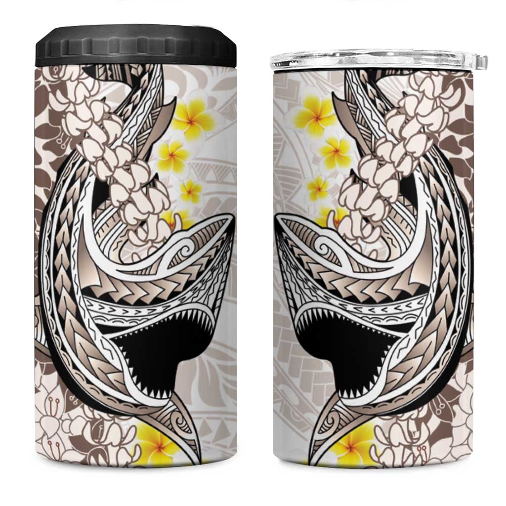 Brown and White Hawaii Shark Tattoo 4 in 1 Can Cooler Tumbler Puakenikeni Lei Plumeria Polynesian Pattern - Polynesian Pride