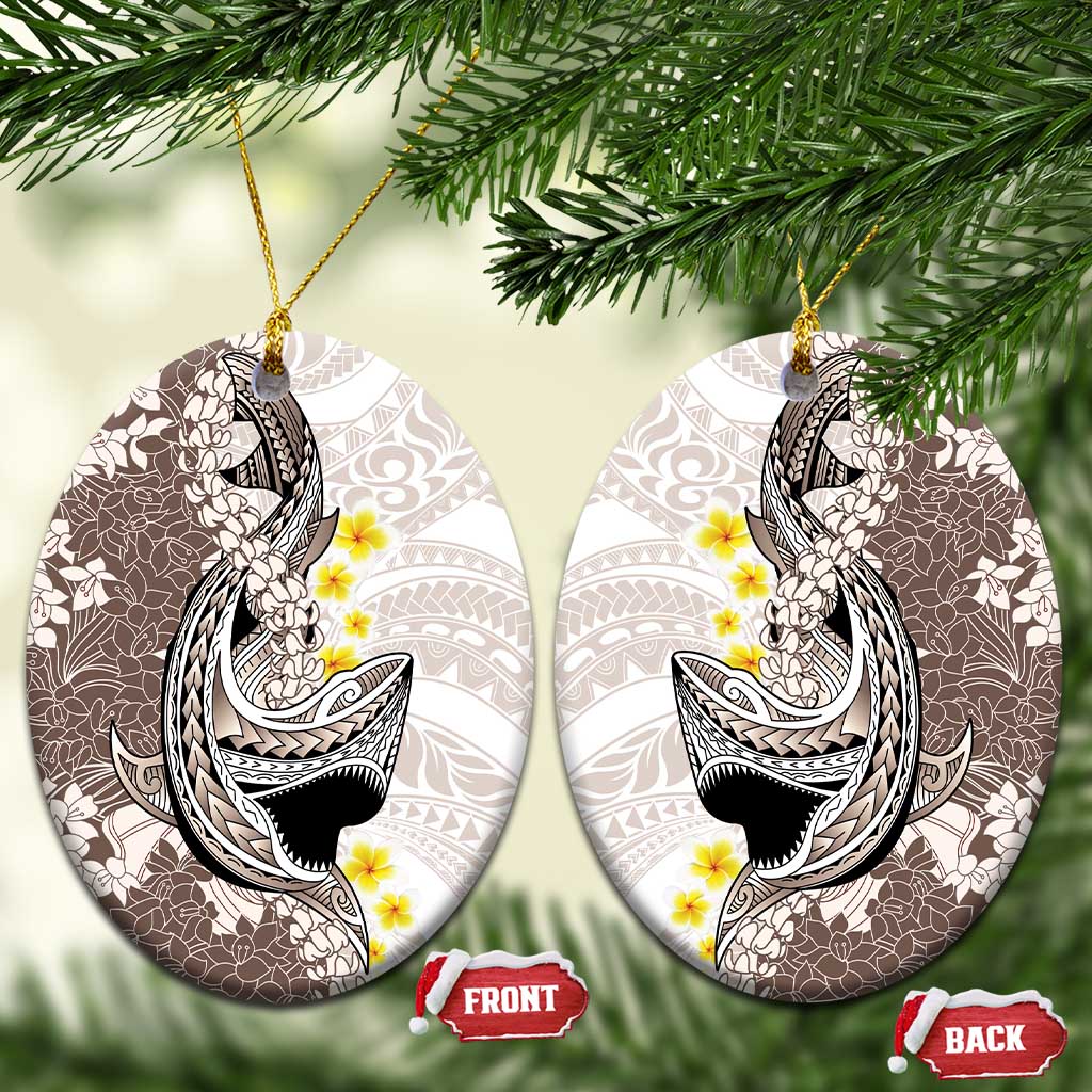 Brown and White Hawaii Shark Tattoo Ceramic Ornament Puakenikeni Lei Plumeria Polynesian Pattern - Polynesian Pride
