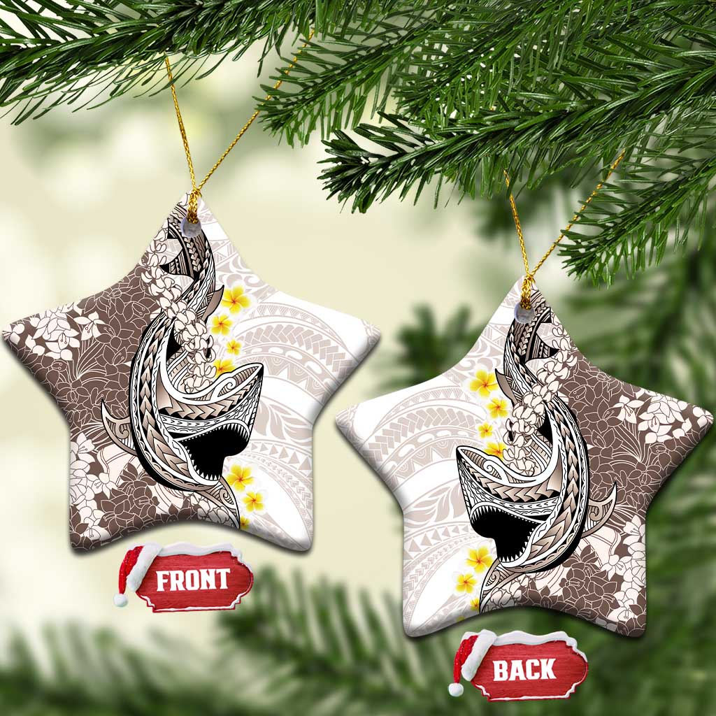 Brown and White Hawaii Shark Tattoo Ceramic Ornament Puakenikeni Lei Plumeria Polynesian Pattern - Polynesian Pride