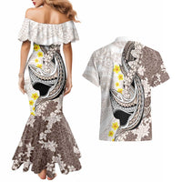 Brown and White Hawaii Shark Tattoo Couples Matching Mermaid Dress and Hawaiian Shirt Puakenikeni Lei Plumeria Polynesian Pattern - Polynesian Pride