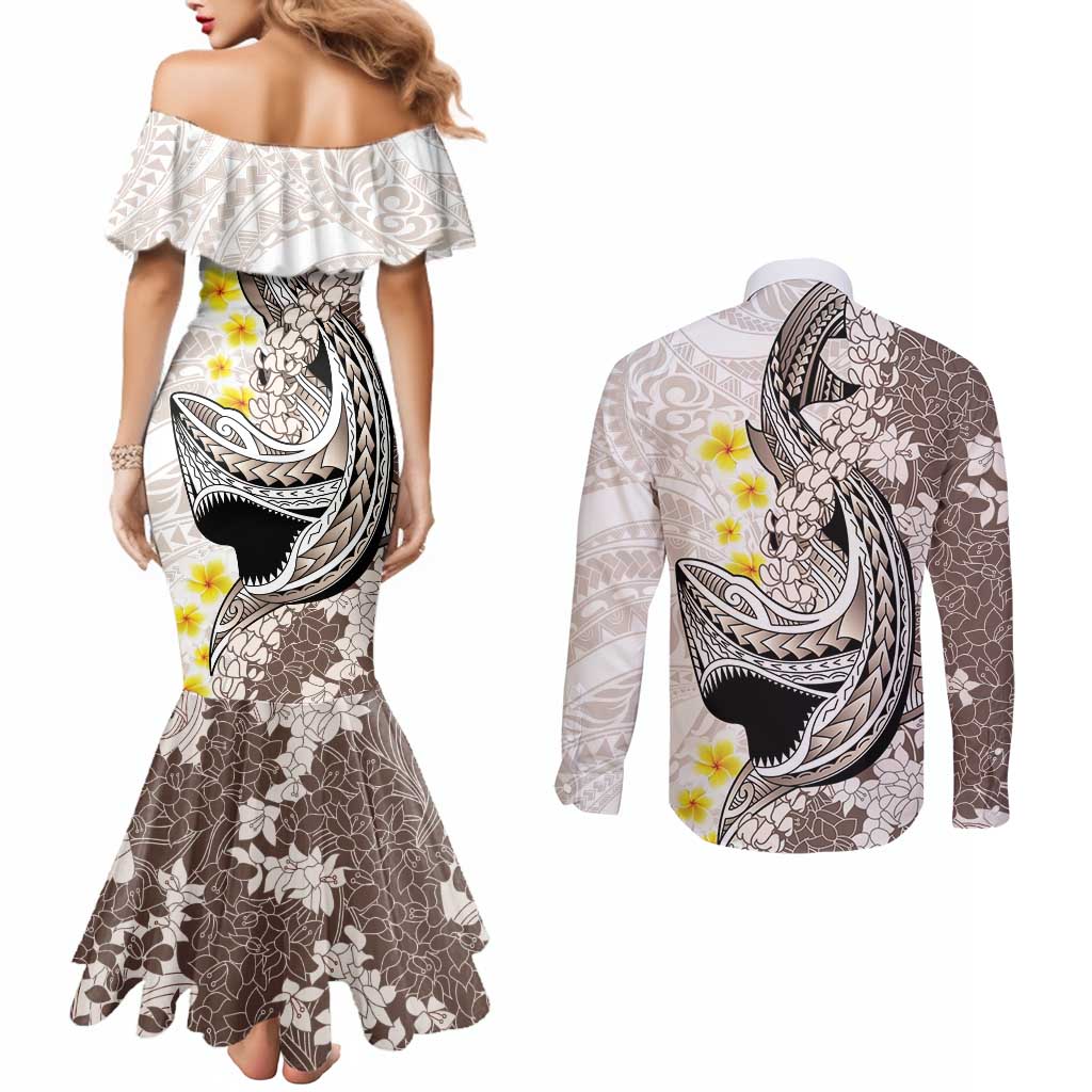 Brown and White Hawaii Shark Tattoo Couples Matching Mermaid Dress and Long Sleeve Button Shirt Puakenikeni Lei Plumeria Polynesian Pattern - Polynesian Pride