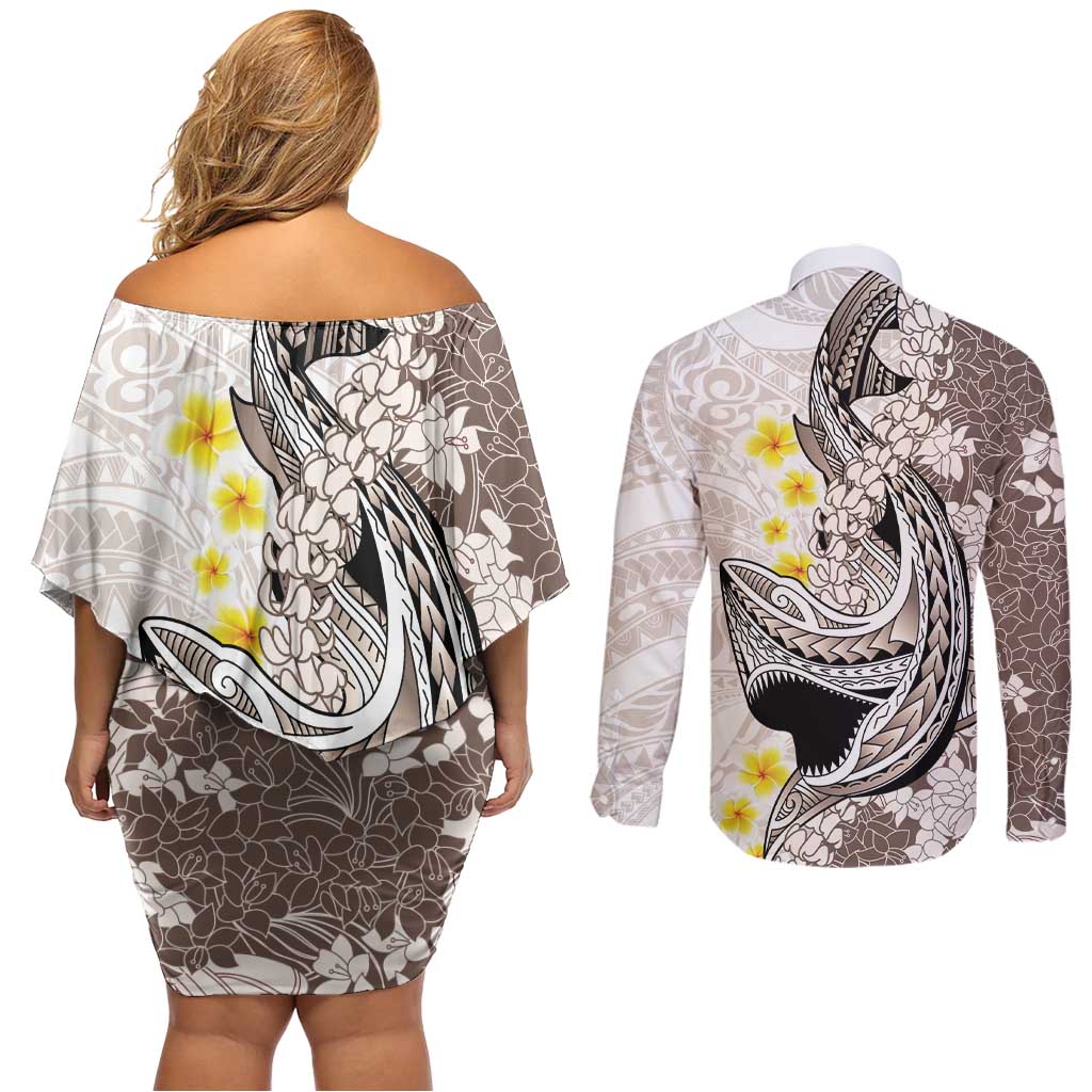Brown and White Hawaii Shark Tattoo Couples Matching Off Shoulder Short Dress and Long Sleeve Button Shirt Puakenikeni Lei Plumeria Polynesian Pattern - Polynesian Pride