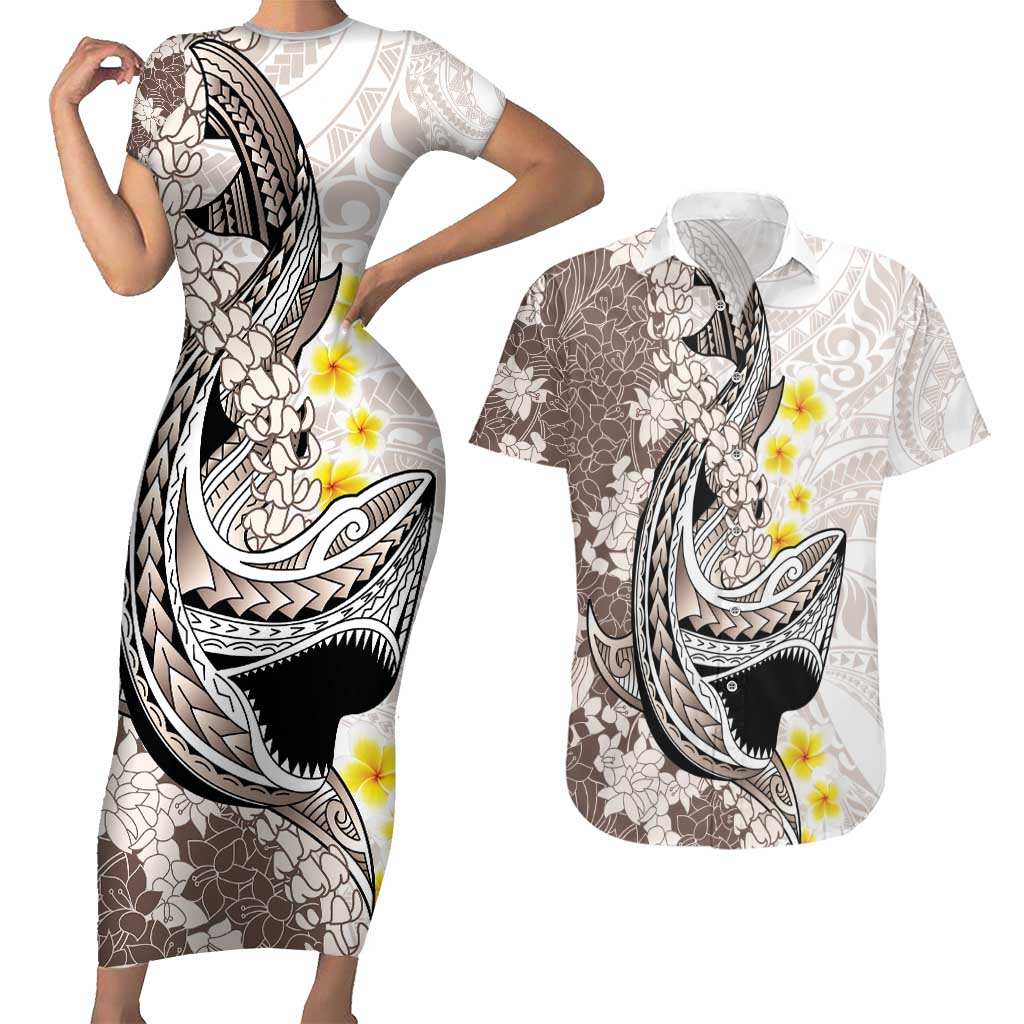 Brown and White Hawaii Shark Tattoo Couples Matching Short Sleeve Bodycon Dress and Hawaiian Shirt Puakenikeni Lei Plumeria Polynesian Pattern - Polynesian Pride