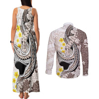 Brown and White Hawaii Shark Tattoo Couples Matching Tank Maxi Dress and Long Sleeve Button Shirt Puakenikeni Lei Plumeria Polynesian Pattern - Polynesian Pride