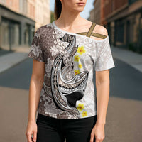 Brown and White Hawaii Shark Tattoo Cross Shoulder Shirt Puakenikeni Lei Plumeria Polynesian Pattern - Polynesian Pride