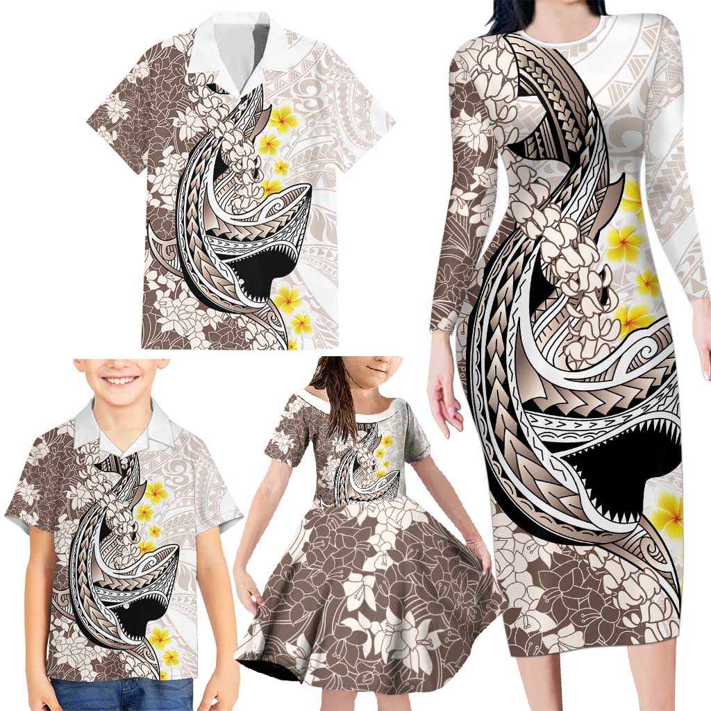 Brown and White Hawaii Shark Tattoo Family Matching Long Sleeve Bodycon Dress and Hawaiian Shirt Puakenikeni Lei Plumeria Polynesian Pattern - Polynesian Pride