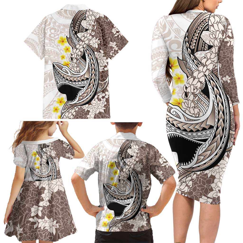 Brown and White Hawaii Shark Tattoo Family Matching Long Sleeve Bodycon Dress and Hawaiian Shirt Puakenikeni Lei Plumeria Polynesian Pattern - Polynesian Pride
