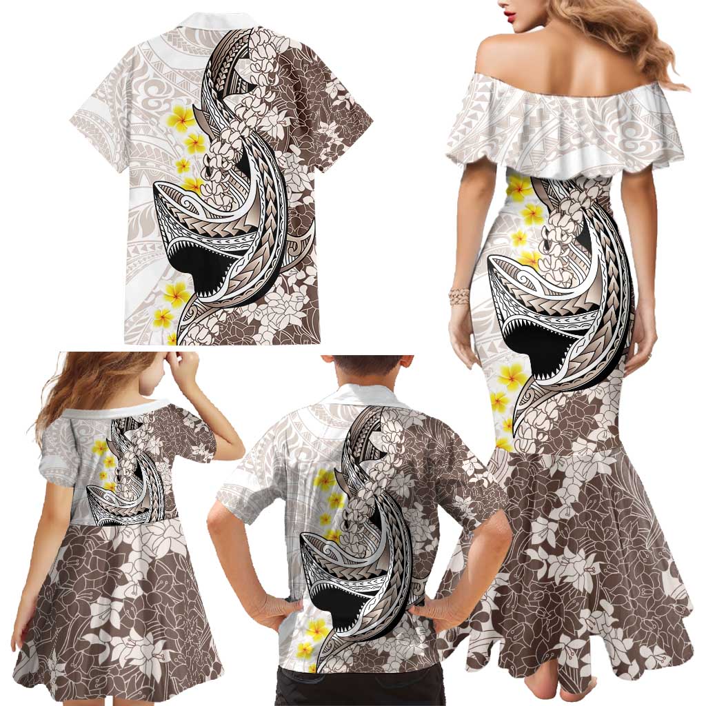 Brown and White Hawaii Shark Tattoo Family Matching Mermaid Dress and Hawaiian Shirt Puakenikeni Lei Plumeria Polynesian Pattern - Polynesian Pride
