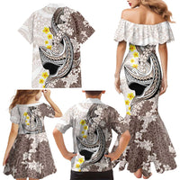 Brown and White Hawaii Shark Tattoo Family Matching Mermaid Dress and Hawaiian Shirt Puakenikeni Lei Plumeria Polynesian Pattern - Polynesian Pride