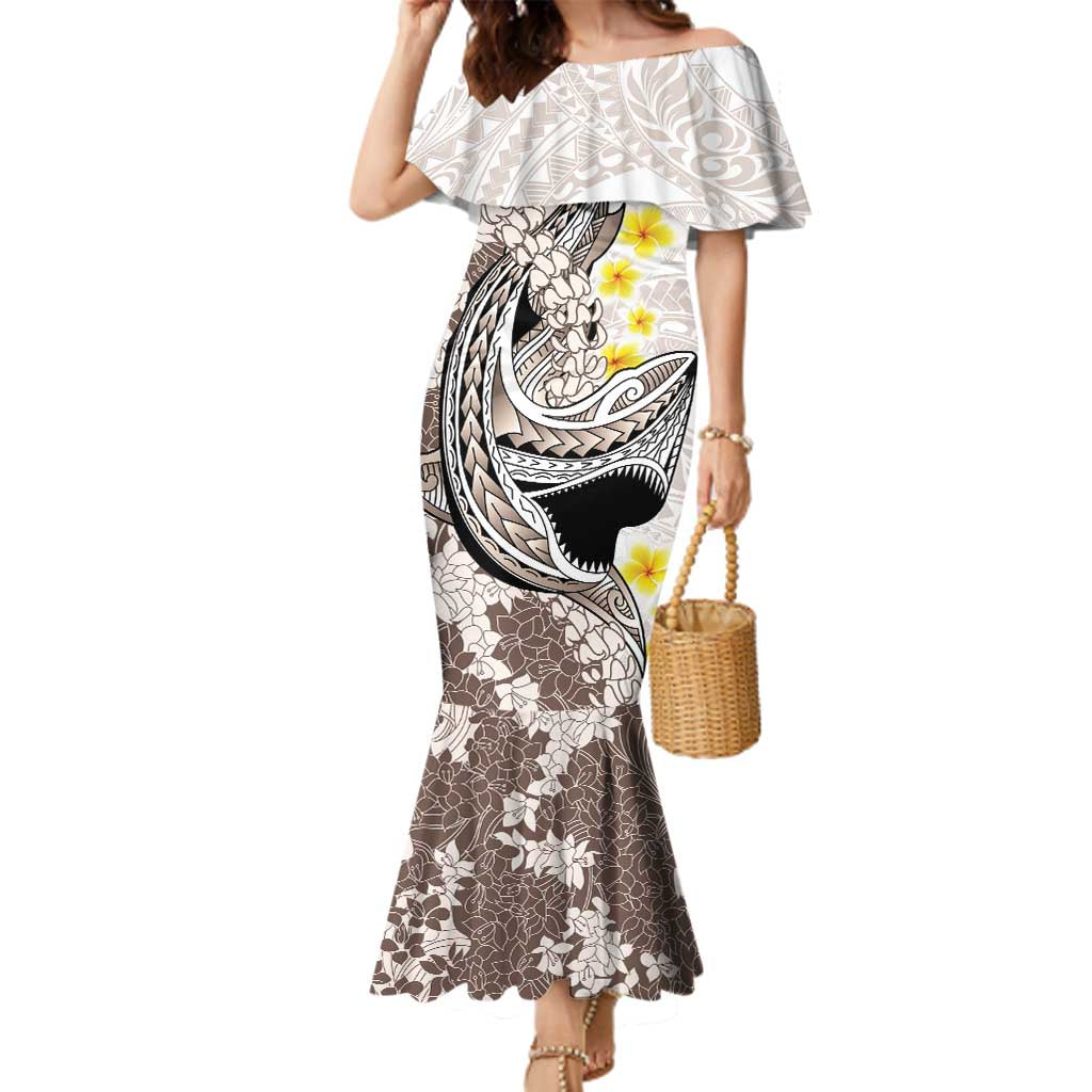 Brown and White Hawaii Shark Tattoo Family Matching Mermaid Dress and Hawaiian Shirt Puakenikeni Lei Plumeria Polynesian Pattern - Polynesian Pride