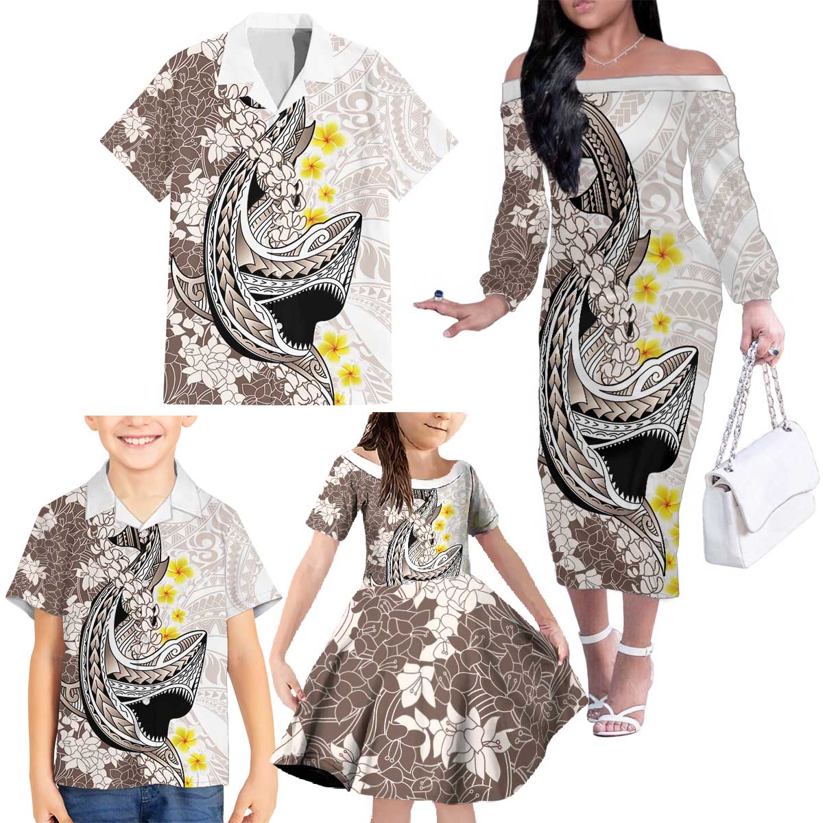 Brown and White Hawaii Shark Tattoo Family Matching Off The Shoulder Long Sleeve Dress and Hawaiian Shirt Puakenikeni Lei Plumeria Polynesian Pattern - Polynesian Pride