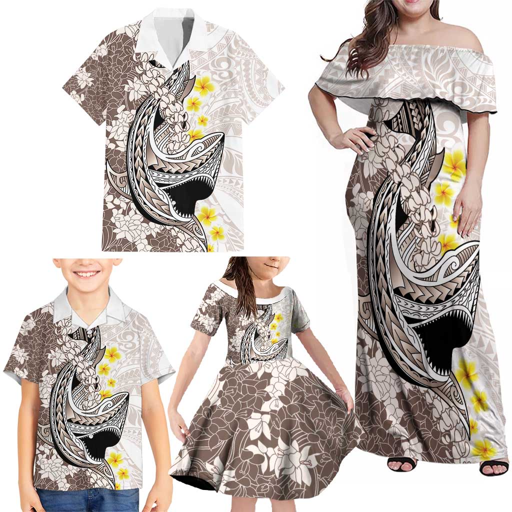 Brown and White Hawaii Shark Tattoo Family Matching Off Shoulder Maxi Dress and Hawaiian Shirt Puakenikeni Lei Plumeria Polynesian Pattern - Polynesian Pride