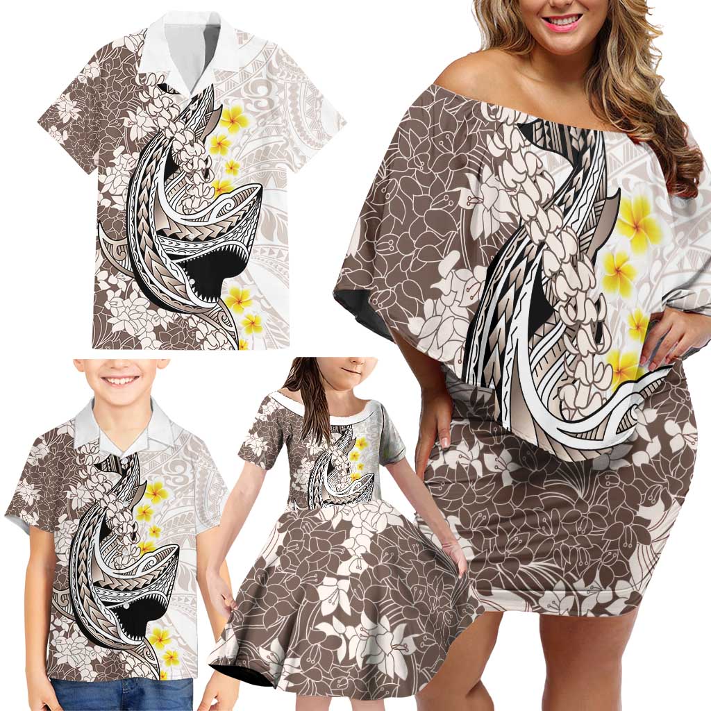 Brown and White Hawaii Shark Tattoo Family Matching Off Shoulder Short Dress and Hawaiian Shirt Puakenikeni Lei Plumeria Polynesian Pattern - Polynesian Pride