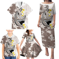 Brown and White Hawaii Shark Tattoo Family Matching Puletasi and Hawaiian Shirt Puakenikeni Lei Plumeria Polynesian Pattern - Polynesian Pride
