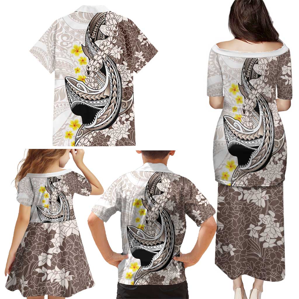 Brown and White Hawaii Shark Tattoo Family Matching Puletasi and Hawaiian Shirt Puakenikeni Lei Plumeria Polynesian Pattern - Polynesian Pride