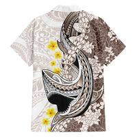 Brown and White Hawaii Shark Tattoo Family Matching Puletasi and Hawaiian Shirt Puakenikeni Lei Plumeria Polynesian Pattern - Polynesian Pride