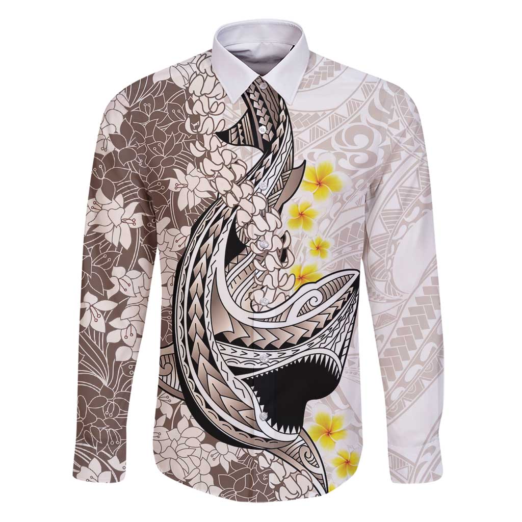 Brown and White Hawaii Shark Tattoo Family Matching Puletasi and Hawaiian Shirt Puakenikeni Lei Plumeria Polynesian Pattern - Polynesian Pride