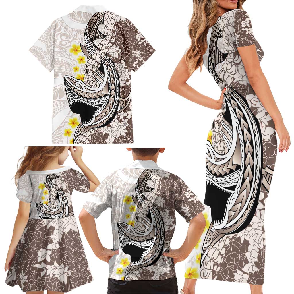 Brown and White Hawaii Shark Tattoo Family Matching Short Sleeve Bodycon Dress and Hawaiian Shirt Puakenikeni Lei Plumeria Polynesian Pattern - Polynesian Pride