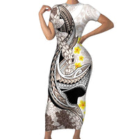 Brown and White Hawaii Shark Tattoo Family Matching Short Sleeve Bodycon Dress and Hawaiian Shirt Puakenikeni Lei Plumeria Polynesian Pattern - Polynesian Pride