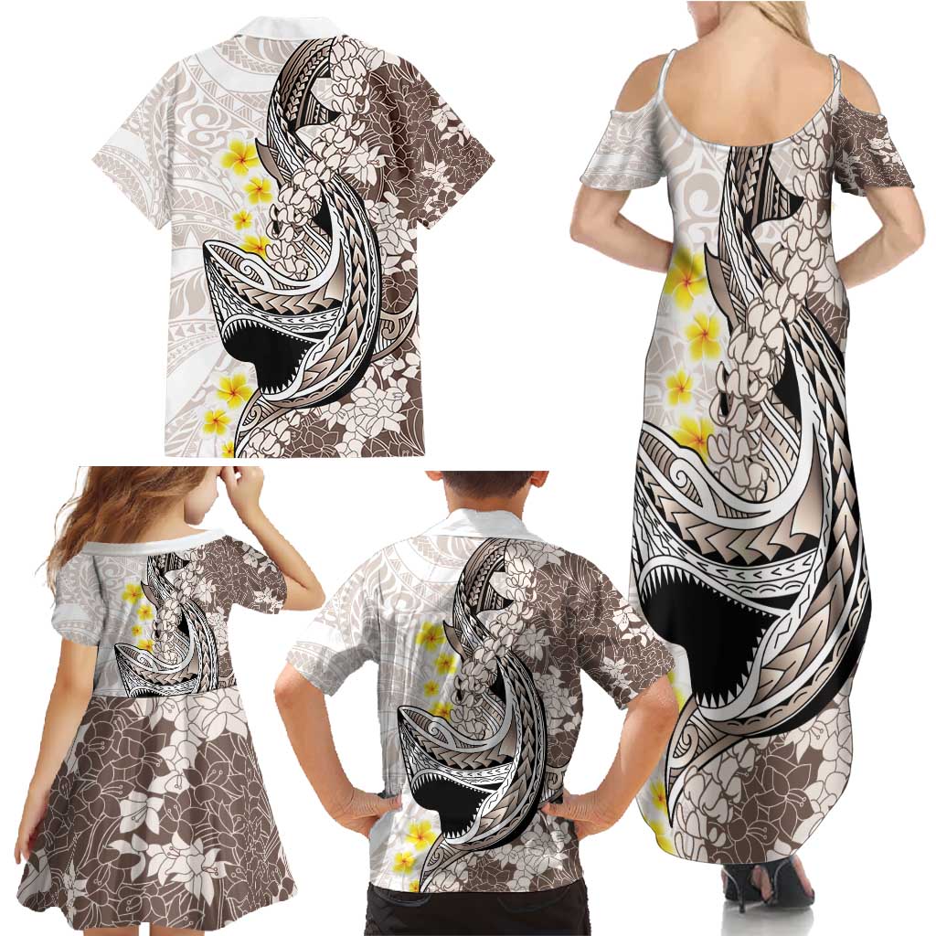 Brown and White Hawaii Shark Tattoo Family Matching Summer Maxi Dress and Hawaiian Shirt Puakenikeni Lei Plumeria Polynesian Pattern - Polynesian Pride