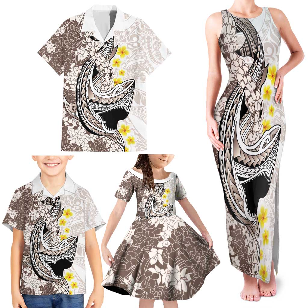 Brown and White Hawaii Shark Tattoo Family Matching Tank Maxi Dress and Hawaiian Shirt Puakenikeni Lei Plumeria Polynesian Pattern - Polynesian Pride