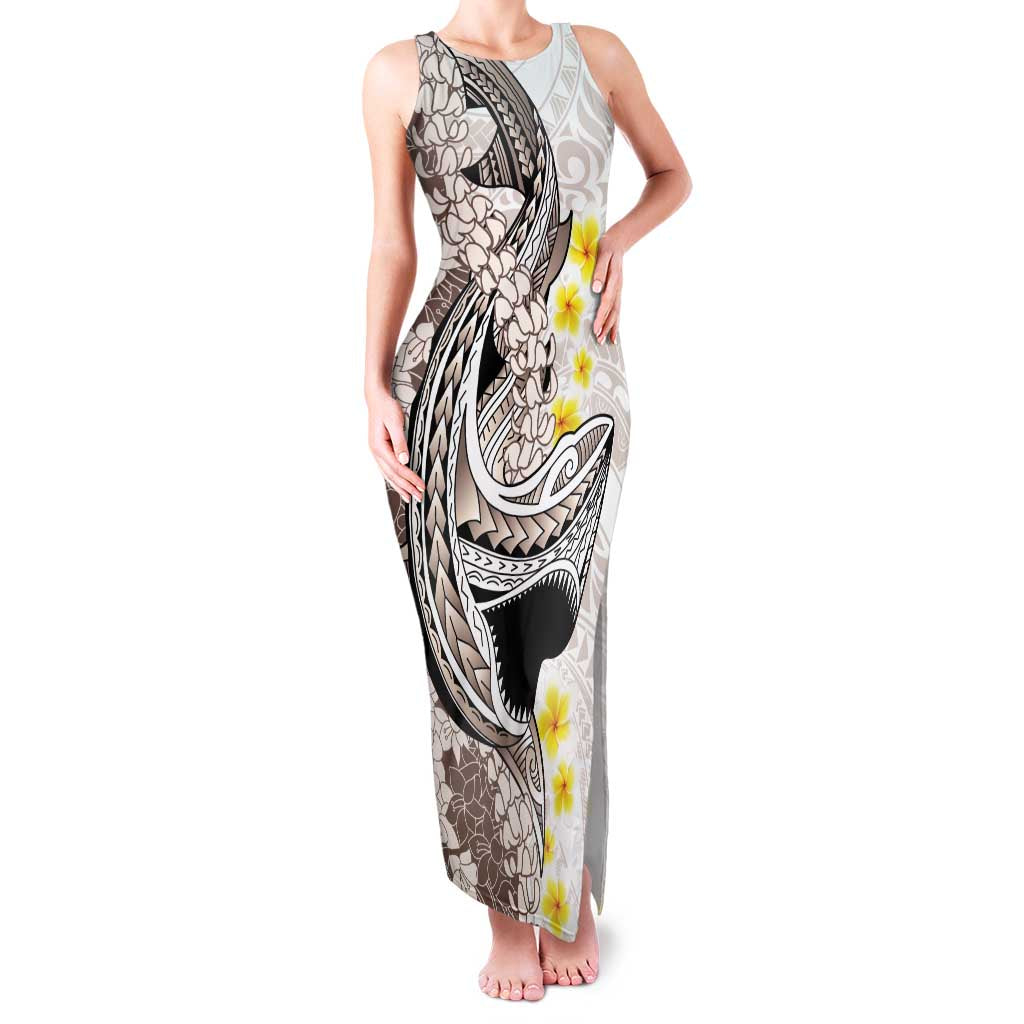 Brown and White Hawaii Shark Tattoo Family Matching Tank Maxi Dress and Hawaiian Shirt Puakenikeni Lei Plumeria Polynesian Pattern - Polynesian Pride