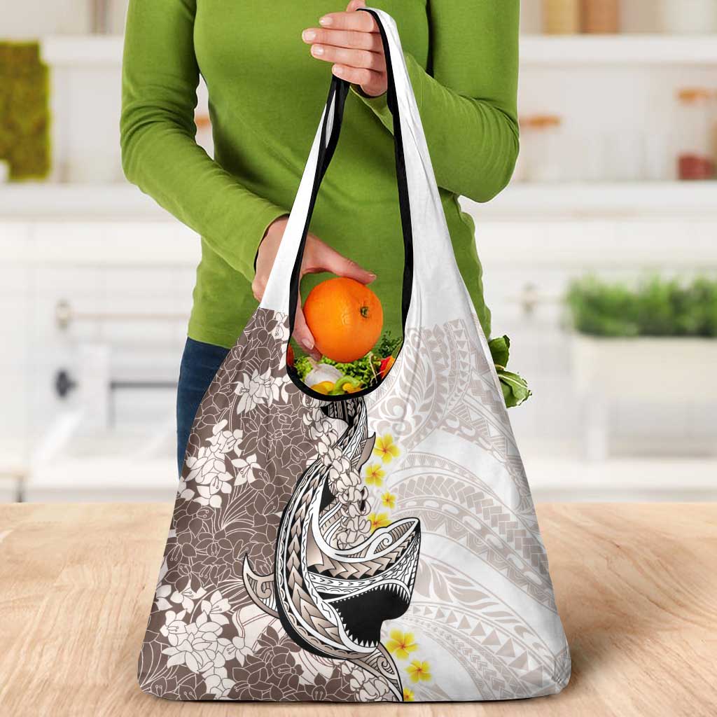 Brown and White Hawaii Shark Tattoo Grocery Bag Puakenikeni Lei Plumeria Polynesian Pattern - Polynesian Pride