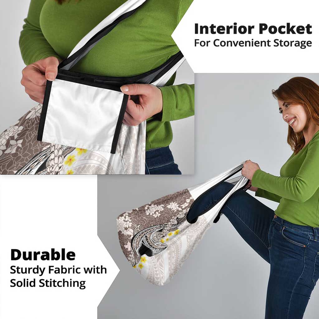 Brown and White Hawaii Shark Tattoo Grocery Bag Puakenikeni Lei Plumeria Polynesian Pattern - Polynesian Pride