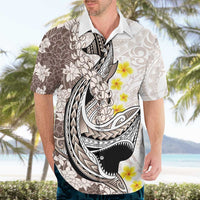 Brown and White Hawaii Shark Tattoo Hawaiian Shirt Puakenikeni Lei Plumeria Polynesian Pattern - Polynesian Pride
