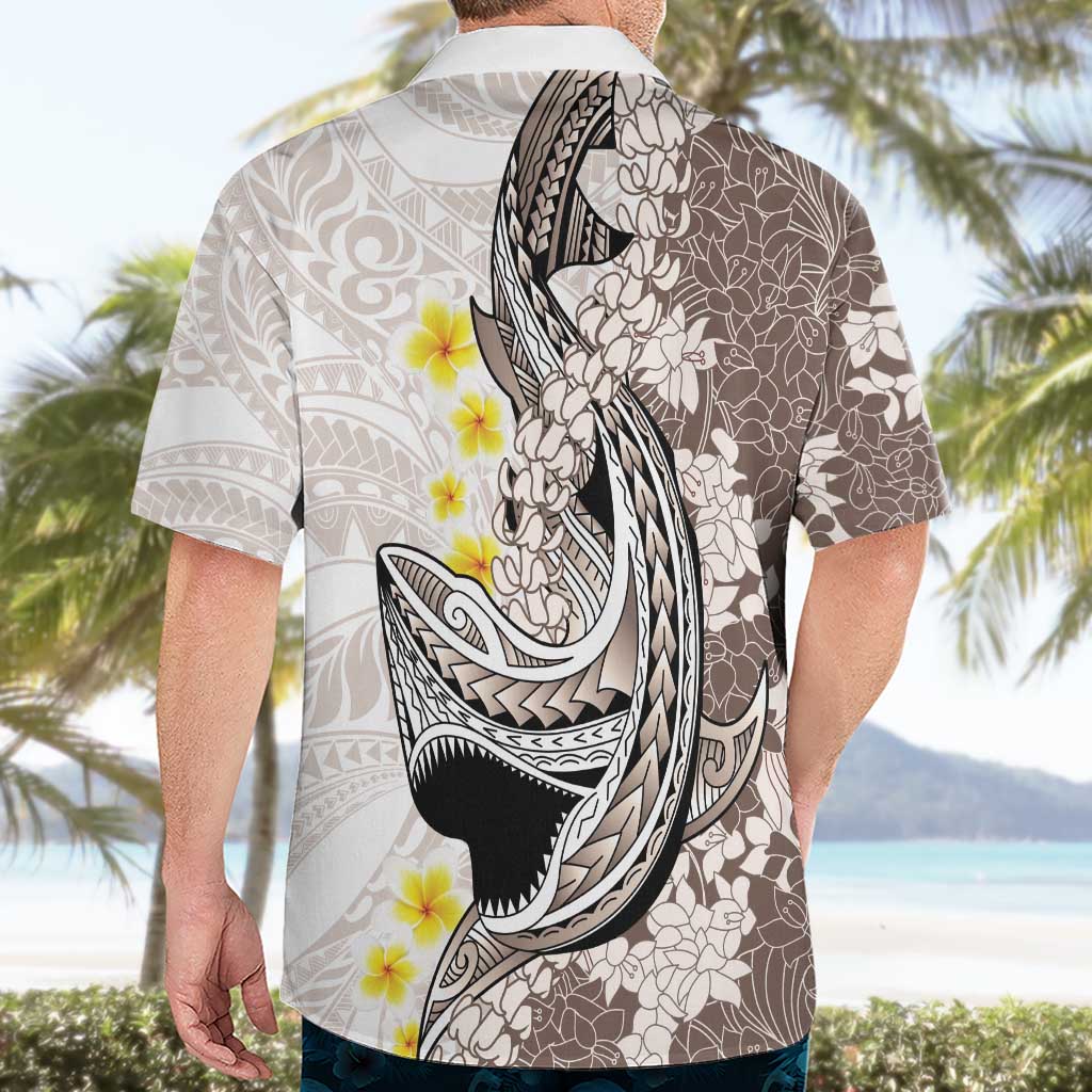 Brown and White Hawaii Shark Tattoo Hawaiian Shirt Puakenikeni Lei Plumeria Polynesian Pattern - Polynesian Pride