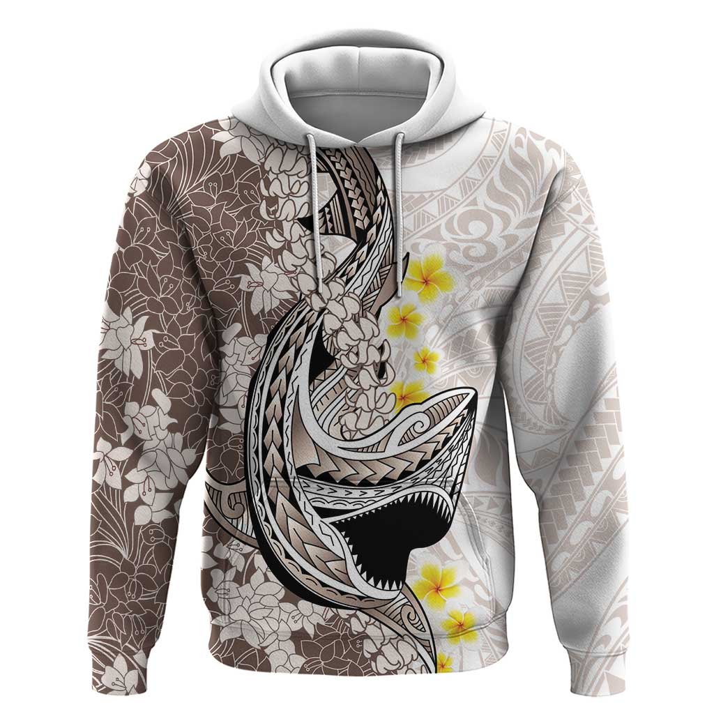 Brown and White Hawaii Shark Tattoo Hoodie Puakenikeni Lei Plumeria Polynesian Pattern - Polynesian Pride