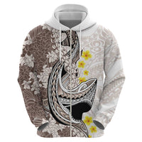 Brown and White Hawaii Shark Tattoo Hoodie Puakenikeni Lei Plumeria Polynesian Pattern - Polynesian Pride