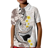 Brown and White Hawaii Shark Tattoo Kid Polo Shirt Puakenikeni Lei Plumeria Polynesian Pattern - Polynesian Pride