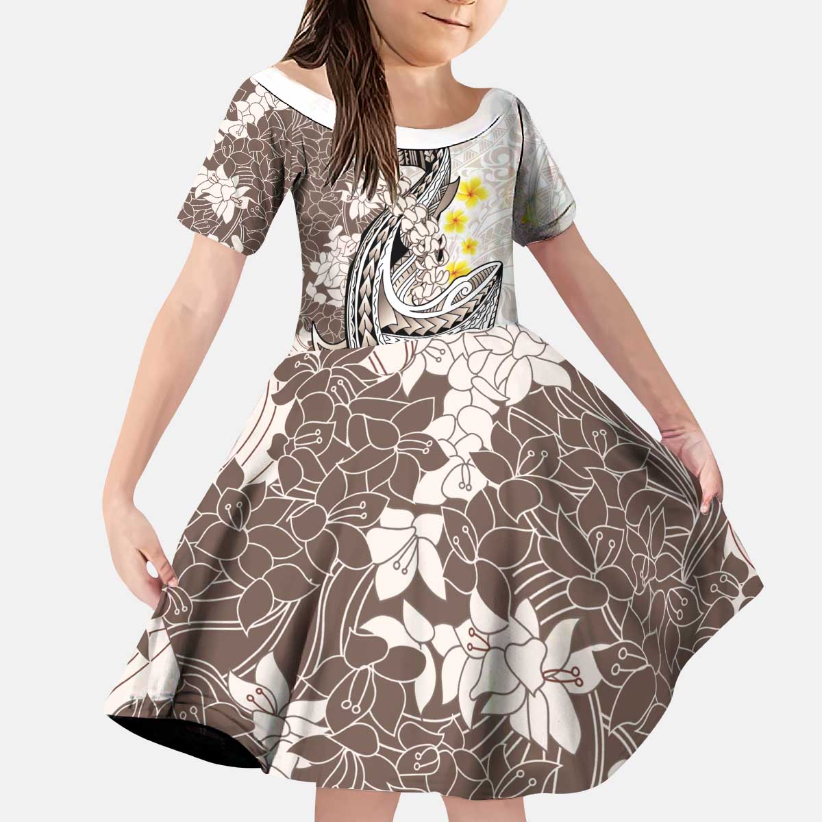 Brown and White Hawaii Shark Tattoo Kid Short Sleeve Dress Puakenikeni Lei Plumeria Polynesian Pattern - Polynesian Pride