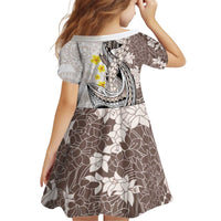 Brown and White Hawaii Shark Tattoo Kid Short Sleeve Dress Puakenikeni Lei Plumeria Polynesian Pattern - Polynesian Pride