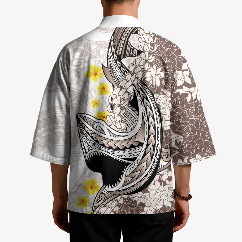 Brown and White Hawaii Shark Tattoo Kimono Puakenikeni Lei Plumeria Polynesian Pattern - Polynesian Pride