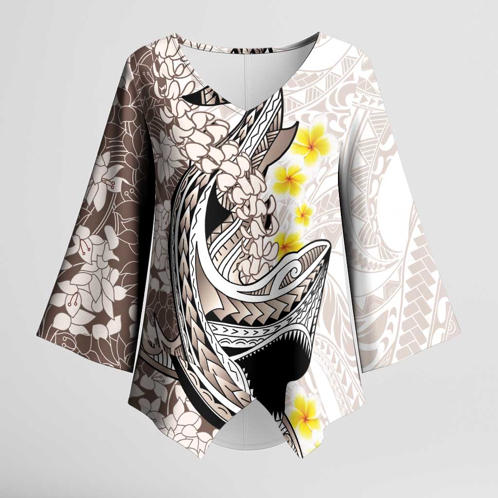 Brown and White Hawaii Shark Tattoo Kimono Sleeve Blouse Puakenikeni Lei Plumeria Polynesian Pattern - Polynesian Pride
