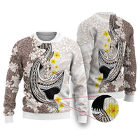 Brown and White Hawaii Shark Tattoo Ugly Christmas Sweater Puakenikeni Lei Plumeria Polynesian Pattern - Polynesian Pride