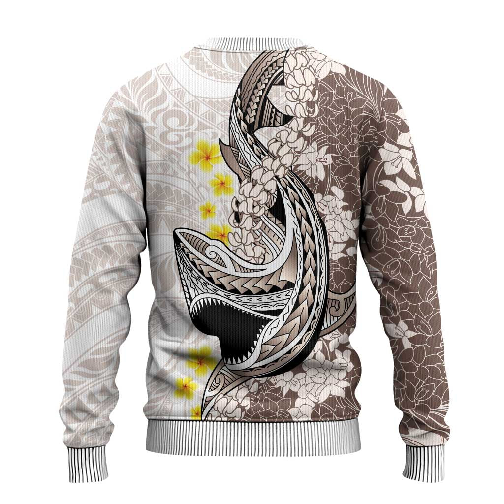 Brown and White Hawaii Shark Tattoo Ugly Christmas Sweater Puakenikeni Lei Plumeria Polynesian Pattern - Polynesian Pride