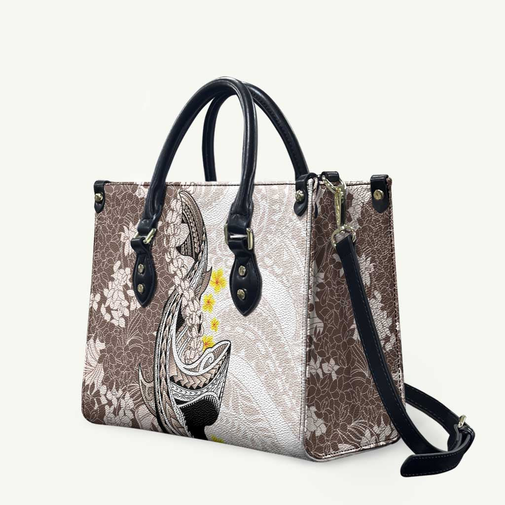 Brown and White Hawaii Shark Tattoo Leather Bag Puakenikeni Lei Plumeria Polynesian Pattern - Polynesian Pride