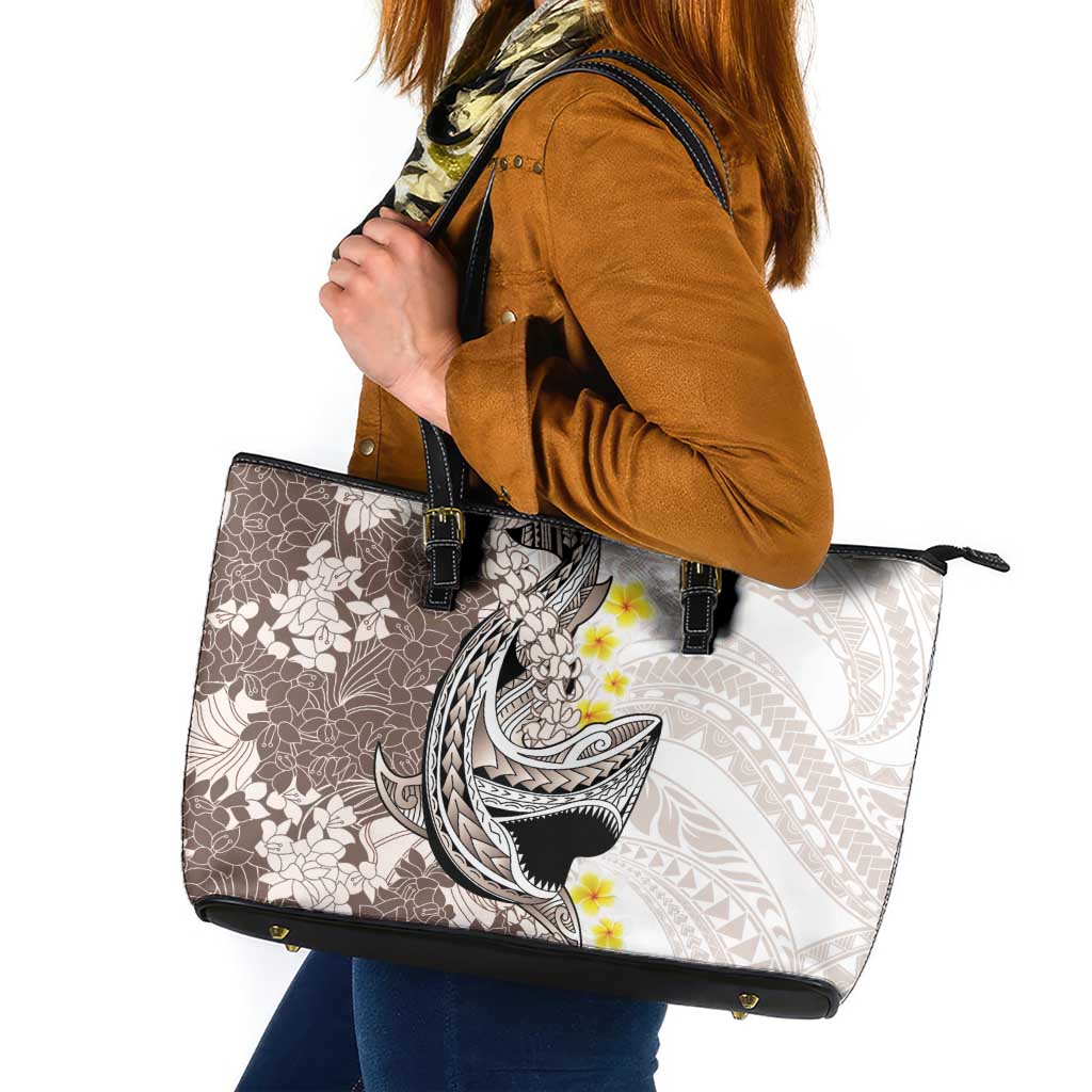 Brown and White Hawaii Shark Tattoo Leather Tote Bag Puakenikeni Lei Plumeria Polynesian Pattern - Polynesian Pride