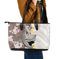 Brown and White Hawaii Shark Tattoo Leather Tote Bag Puakenikeni Lei Plumeria Polynesian Pattern - Polynesian Pride