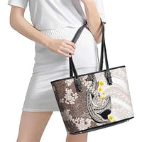 Brown and White Hawaii Shark Tattoo Leather Tote Bag Puakenikeni Lei Plumeria Polynesian Pattern - Polynesian Pride