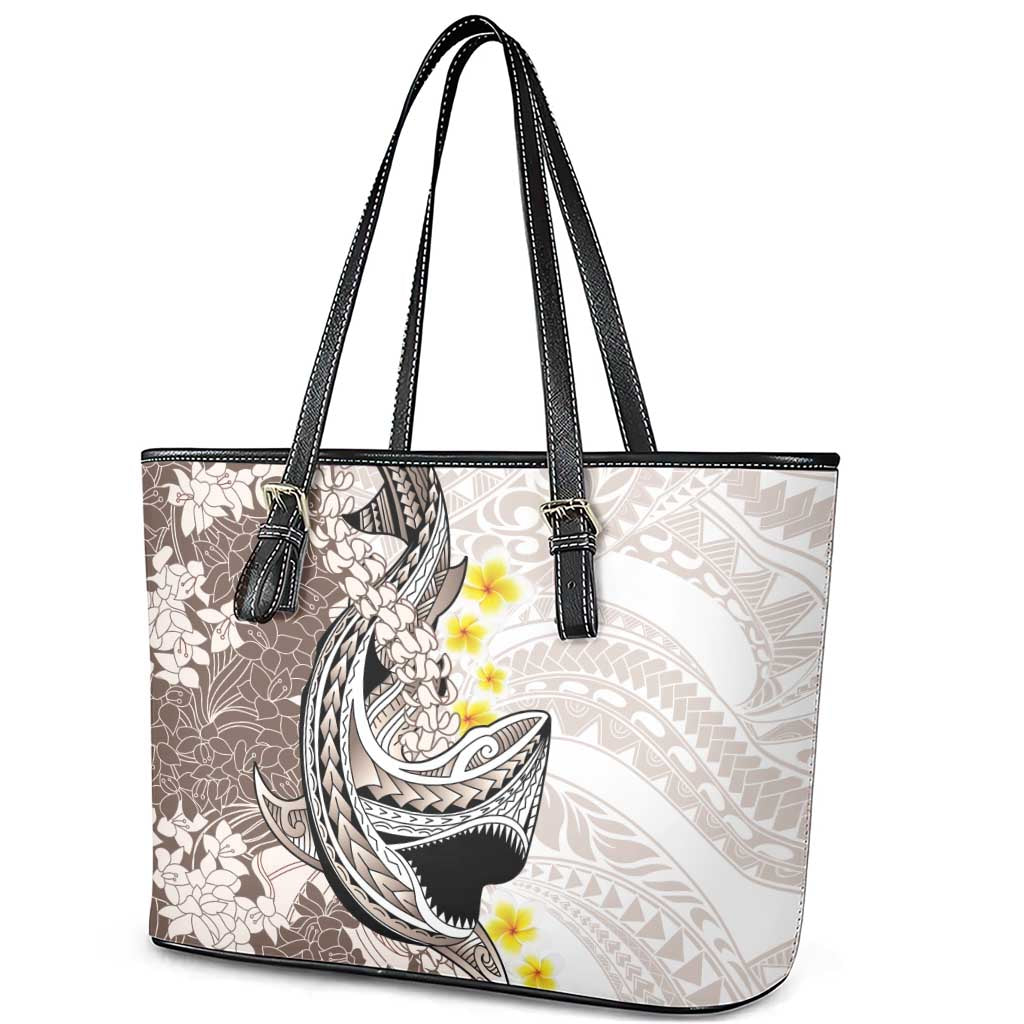 Brown and White Hawaii Shark Tattoo Leather Tote Bag Puakenikeni Lei Plumeria Polynesian Pattern - Polynesian Pride