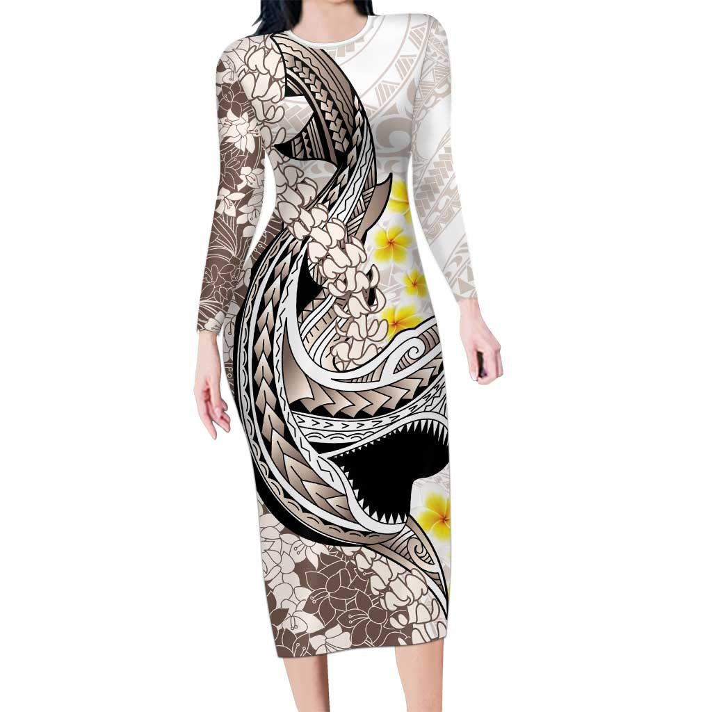 Brown and White Hawaii Shark Tattoo Long Sleeve Bodycon Dress Puakenikeni Lei Plumeria Polynesian Pattern - Polynesian Pride