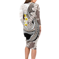 Brown and White Hawaii Shark Tattoo Long Sleeve Bodycon Dress Puakenikeni Lei Plumeria Polynesian Pattern - Polynesian Pride